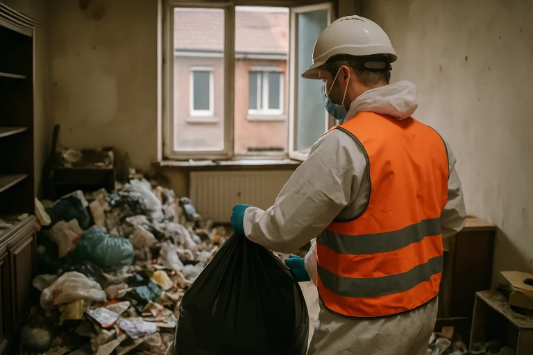 Équipe de nettoyage en train de débarrasser un appartement du syndrome de Diogène à Saint-André-Lez-Lille.