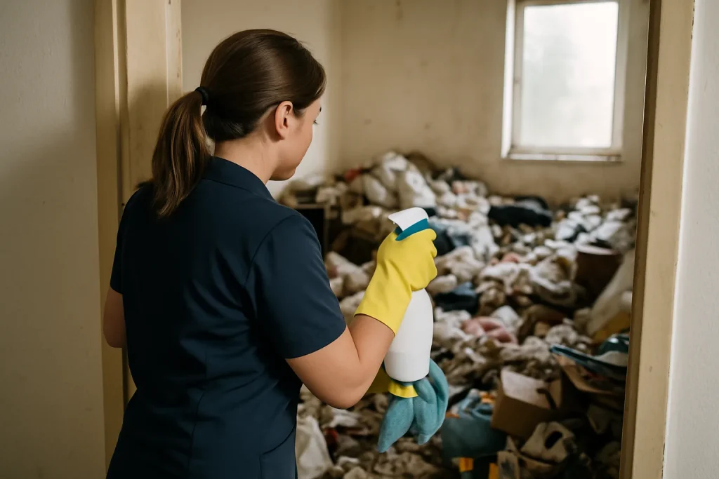 Un intérieur en désordre, illustrant le syndrome de Diogène à Méricourt, avec des déchets et des objets accumulés.