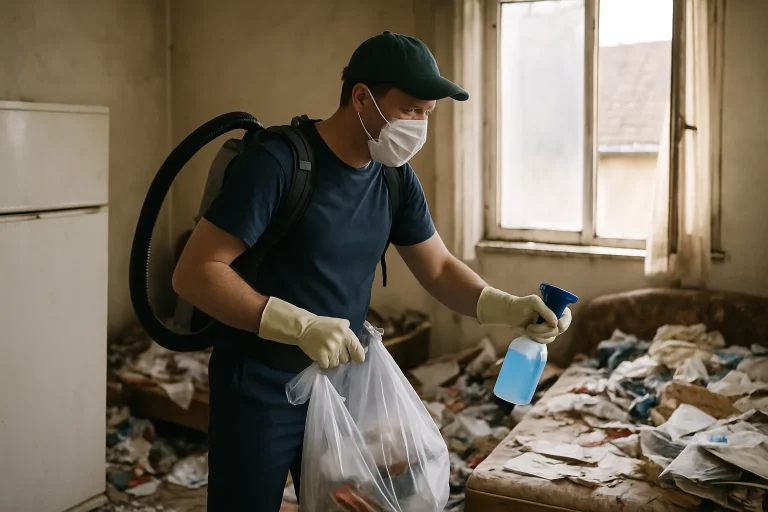 Intérieur d'une pièce à Albert, encombrée de déchets et objets divers, avant nettoyage.