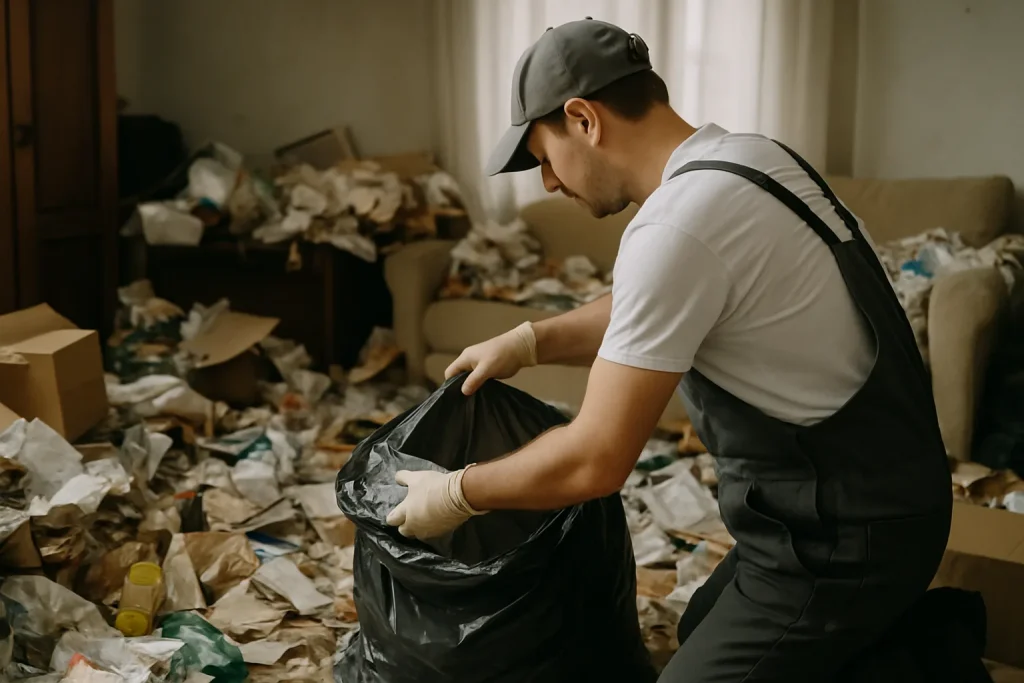 Intérieur d'une maison à Bully-Les-Mines avant le nettoyage, avec des objets et des déchets éparpillés.