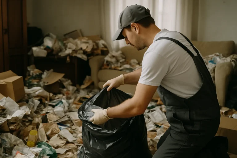 Intérieur d'une maison à Bully-Les-Mines avant le nettoyage, avec des objets et des déchets éparpillés.