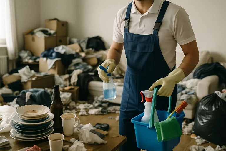 Intérieur en désordre illustrant le syndrome de Diogène avec objets et vêtements éparpillés.