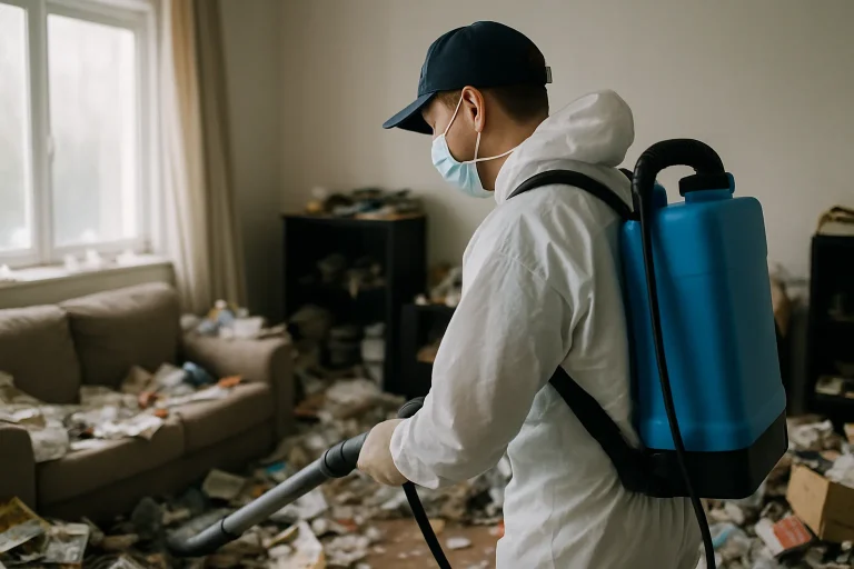 Équipe de nettoyage dans un appartement en désordre à Auchel, triant des objets divers.
