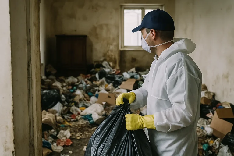 Appartement en désordre à Coudekerque-Branche avec déchets éparpillés.