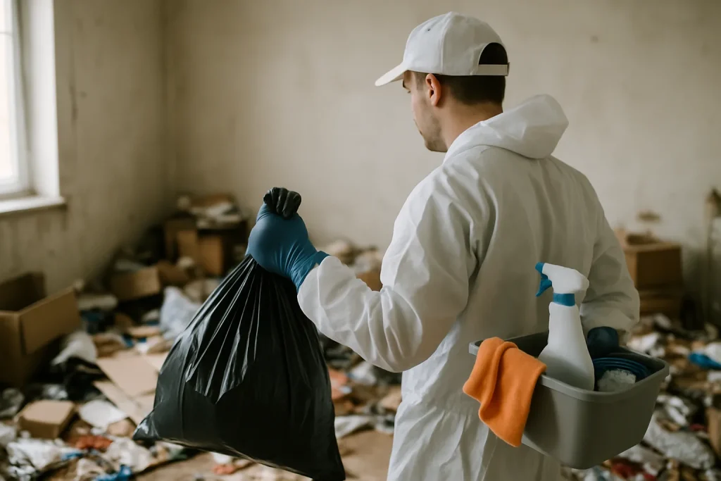 Appartement à Harnes en désordre avec objets entassés et déchets visibles.