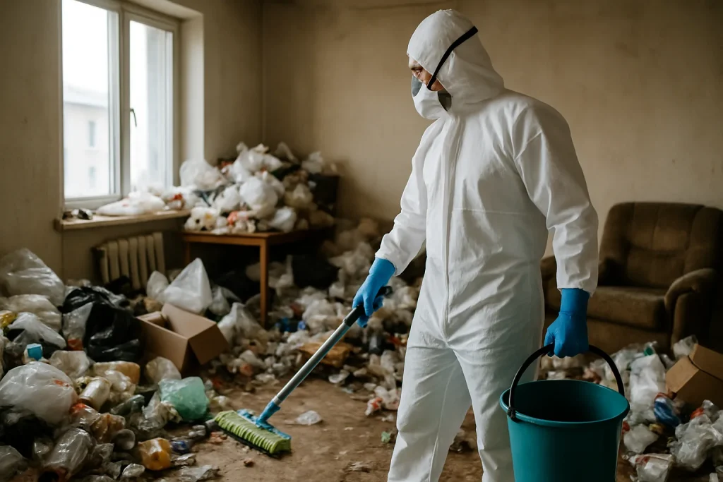 Un appartement en désordre à Soissons avant le nettoyage, montrant une accumulation d'objets et de déchets.
