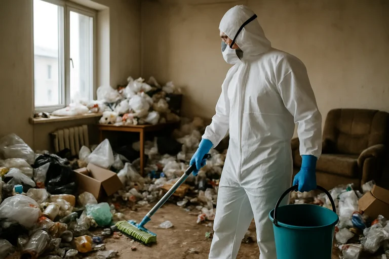 Un appartement en désordre à Soissons avant le nettoyage, montrant une accumulation d'objets et de déchets.