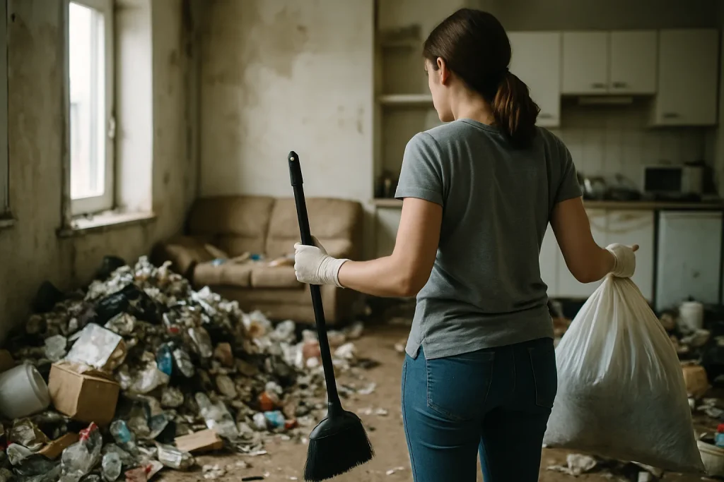 Intérieur d'un appartement à Auby montrant des objets entassés et du désordre.