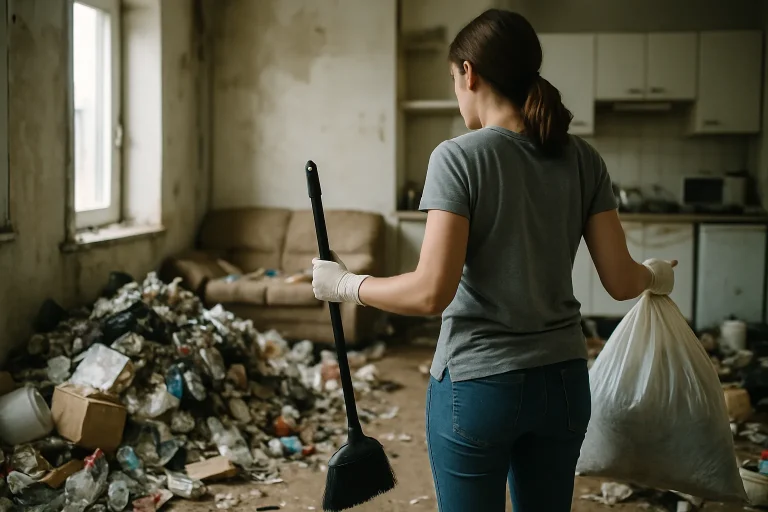 Intérieur d'un appartement à Auby montrant des objets entassés et du désordre.