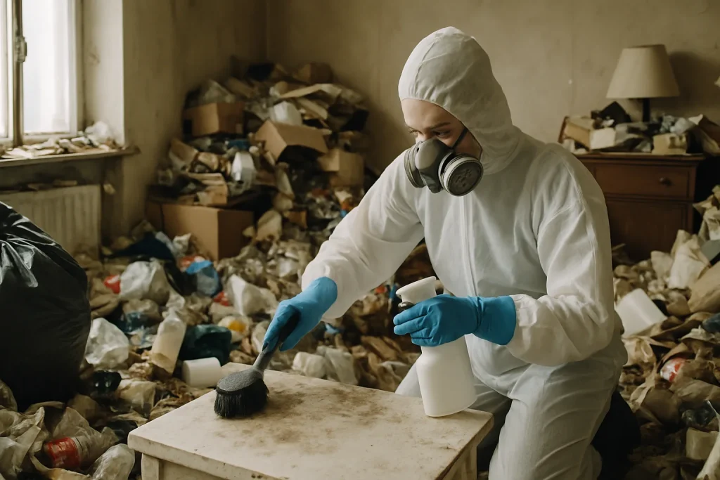 Intérieur d'un appartement en désordre à Nieppe, illustrant le syndrome de Diogène avant nettoyage.