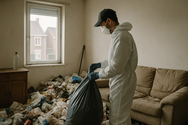 Un professionnel nettoie un appartement en désordre à Liévin, spécialisé dans le syndrome de Diogène.