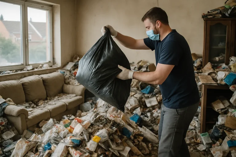 Appartement à Pérenchies avant intervention de nettoyage syndrome de Diogène, montrant un désordre extrême.