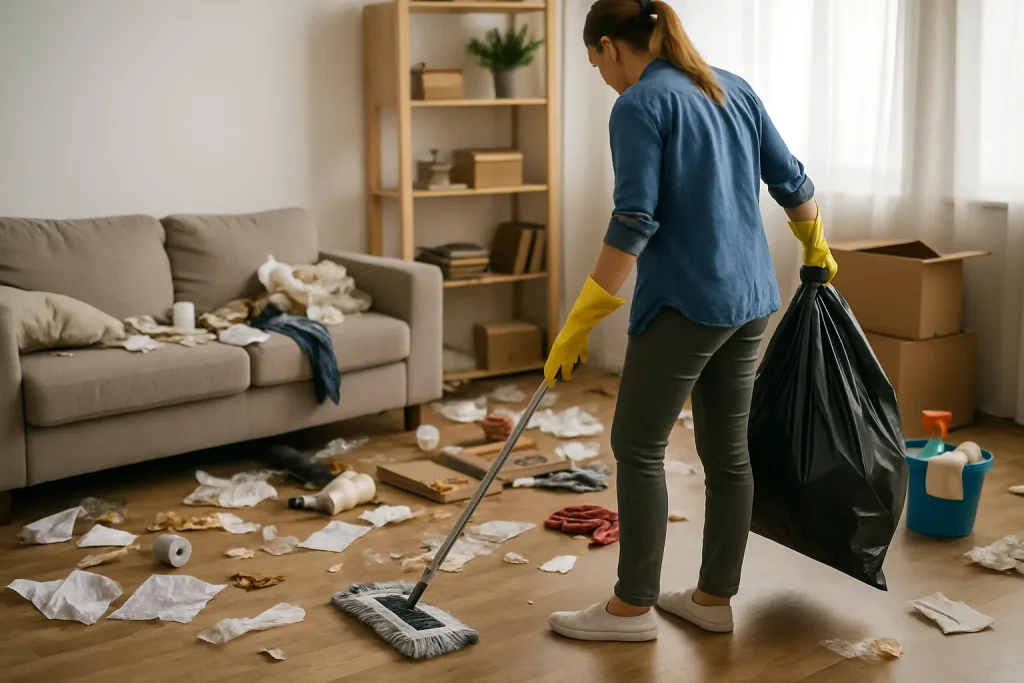 Intérieur d'un appartement avant nettoyage, montrant un désordre important lié au syndrome de Diogène.