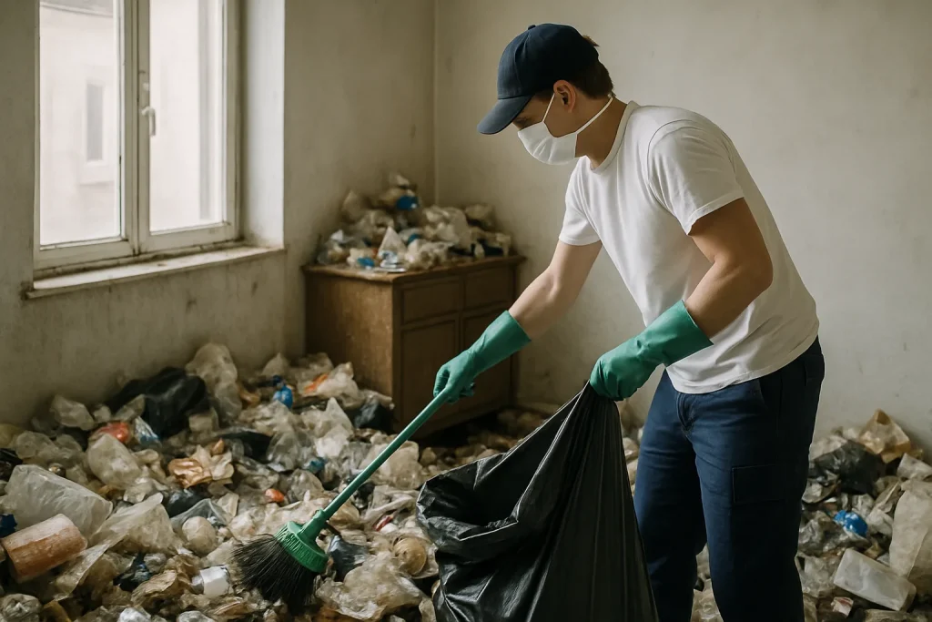 Intérieur d'un appartement à Isbergues avec des déchets et du désordre, nécessitant un nettoyage.
