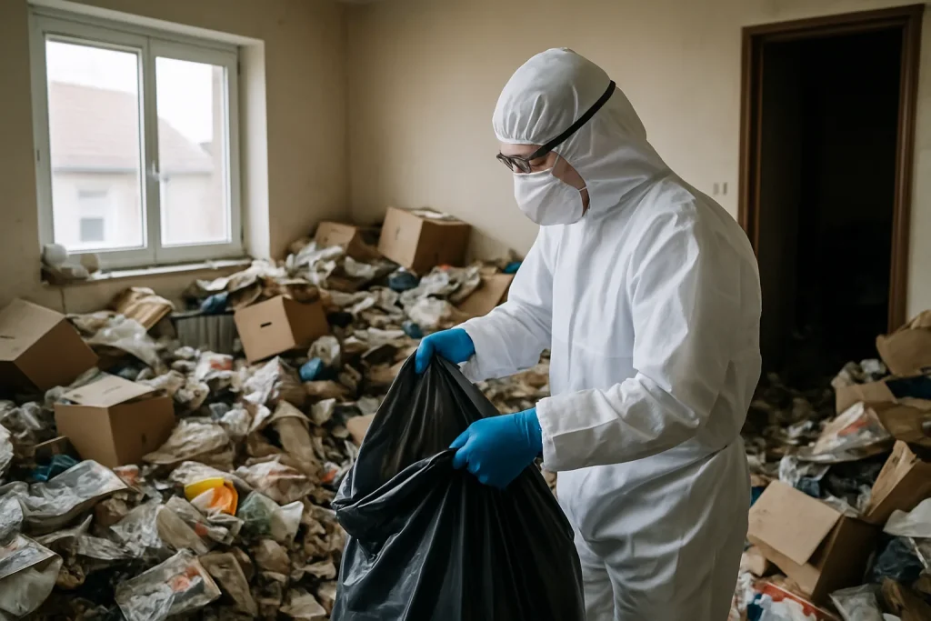 Une équipe nettoie un appartement encombré à Villers-Bretonneux, illustrant le syndrome de Diogène.