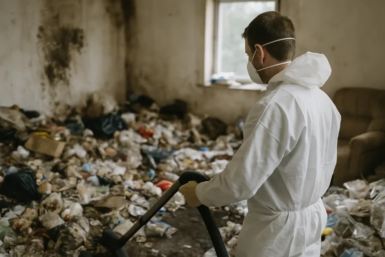Équipe de nettoyage au travail dans un appartement en désordre à Caudry, triant des déchets.