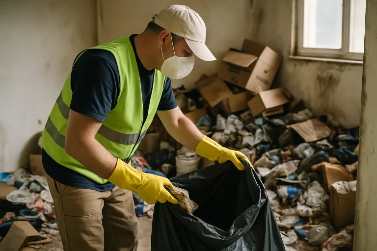 Un expert en nettoyage trie des déchets dans une maison encombrée à Merville.