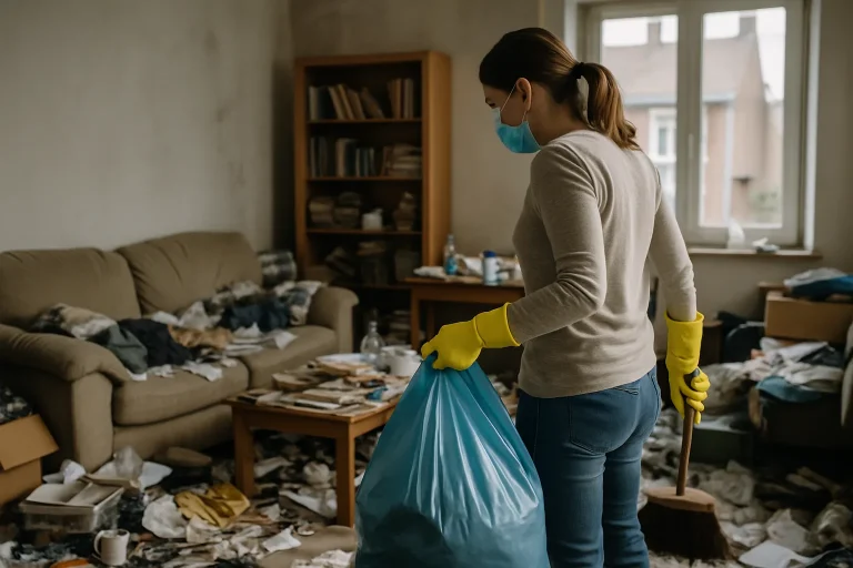 Intérieur d'une maison à Comines avec un fort désordre, illustrant le syndrome de Diogène.