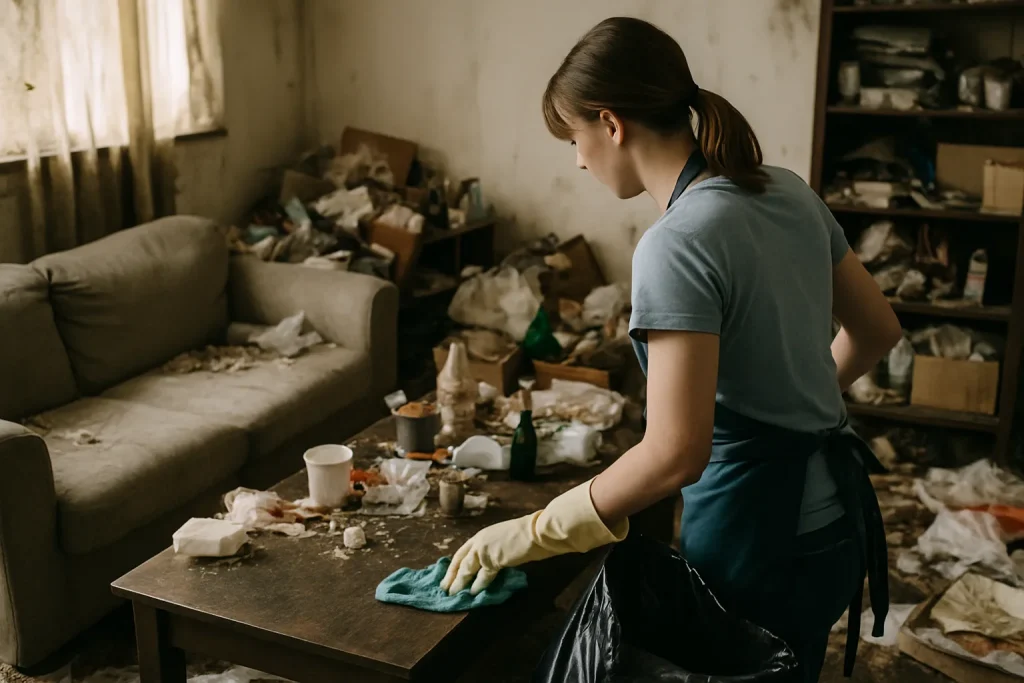 Intérieur d'un appartement à Provin avec des déchets et du désordre lié au syndrome de Diogène.