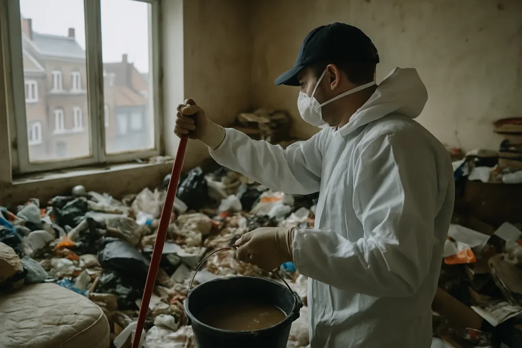 Équipe de nettoyage triant des déchets dans un appartement désordonné à Dunkerque.