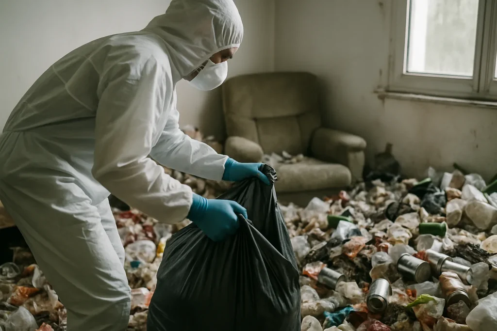 Équipe de nettoyage dans un appartement encombré à Mouvaux, en train d'intervenir.