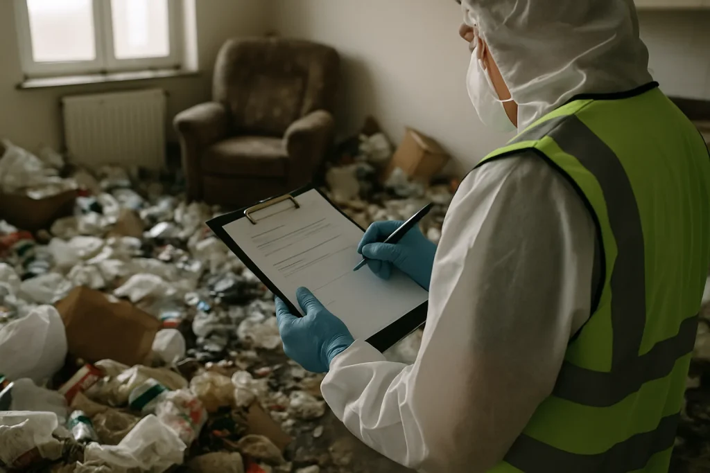 Équipe de nettoyage en action dans un appartement à Berck, avant et après le syndrome de Diogène.