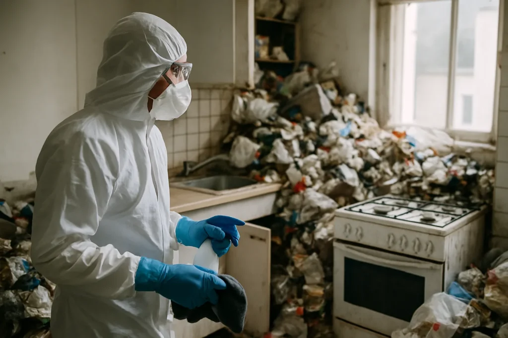 Appartement en désordre à Tergnier, avec des objets et déchets éparpillés.