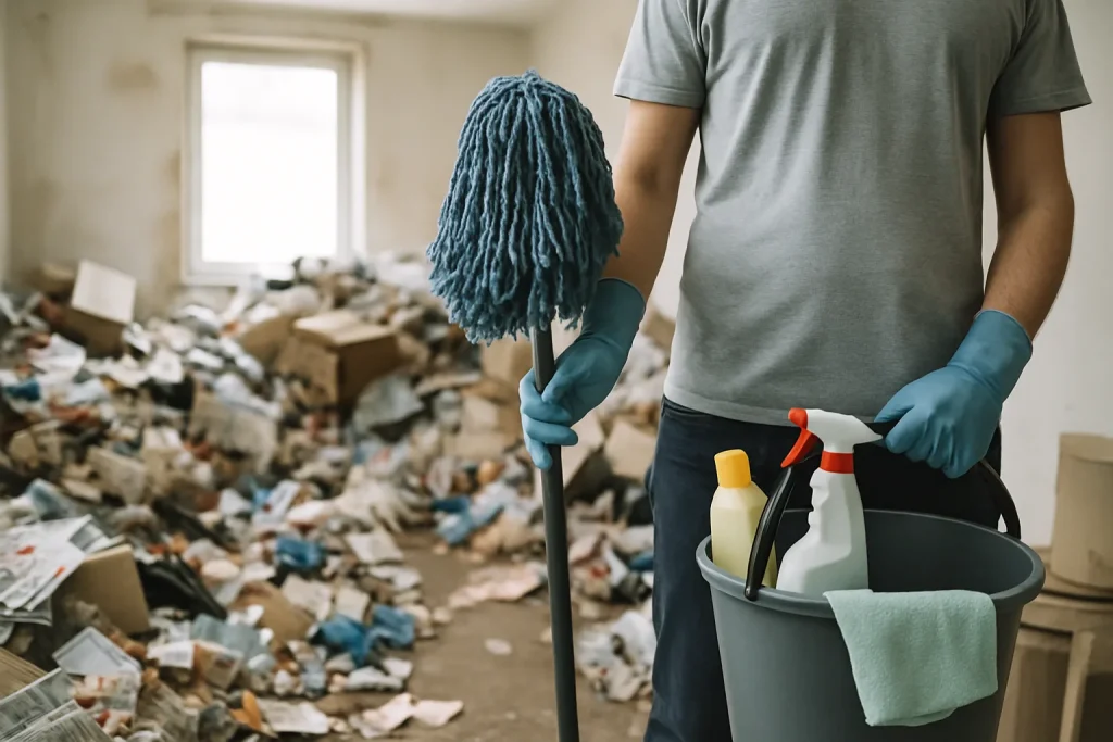 Équipe de nettoyage professionnelle dans un appartement encombré à Bondues, illustrant le syndrome de Diogène.