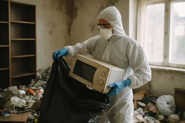 Intérieur d'une maison en désordre avec des objets éparpillés, illustrant le syndrome de Diogène.