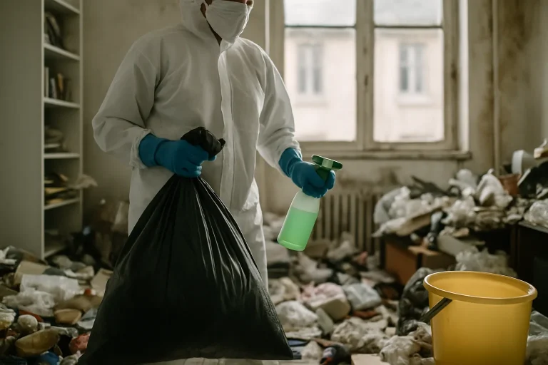 Appartement en désordre avec une accumulation d'objets, avant nettoyage.