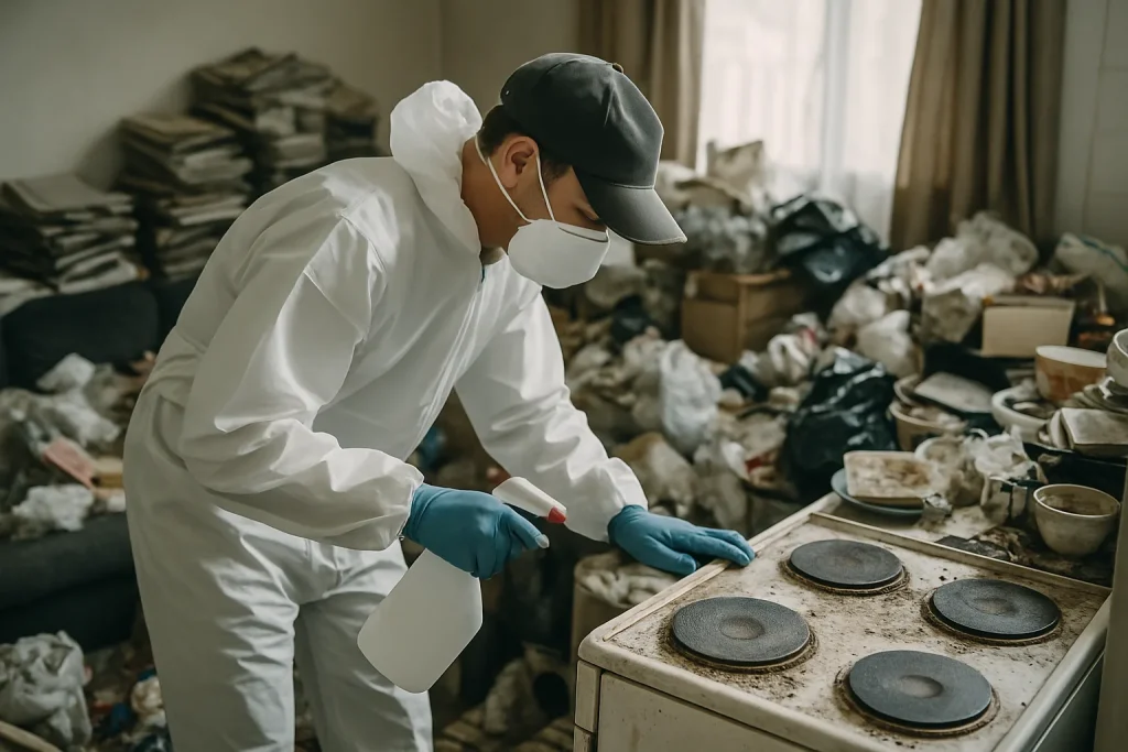 Un espace encombré représentant le syndrome de Diogène, avec des déchets et des objets entassés.
