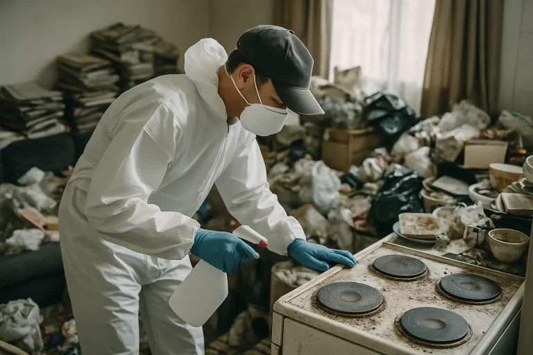 Un espace encombré représentant le syndrome de Diogène, avec des déchets et des objets entassés.