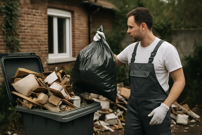 Intérieur d'une maison à Mazingarbes, encombré de déchets et de meubles, avant intervention de nettoyage.