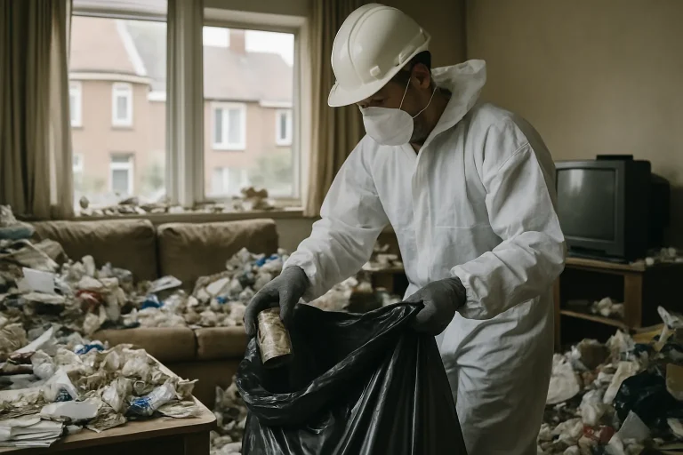 Un intérieur d'appartement à Lambersart, en désordre, typique du syndrome de Diogène, avec des déchets visibles.