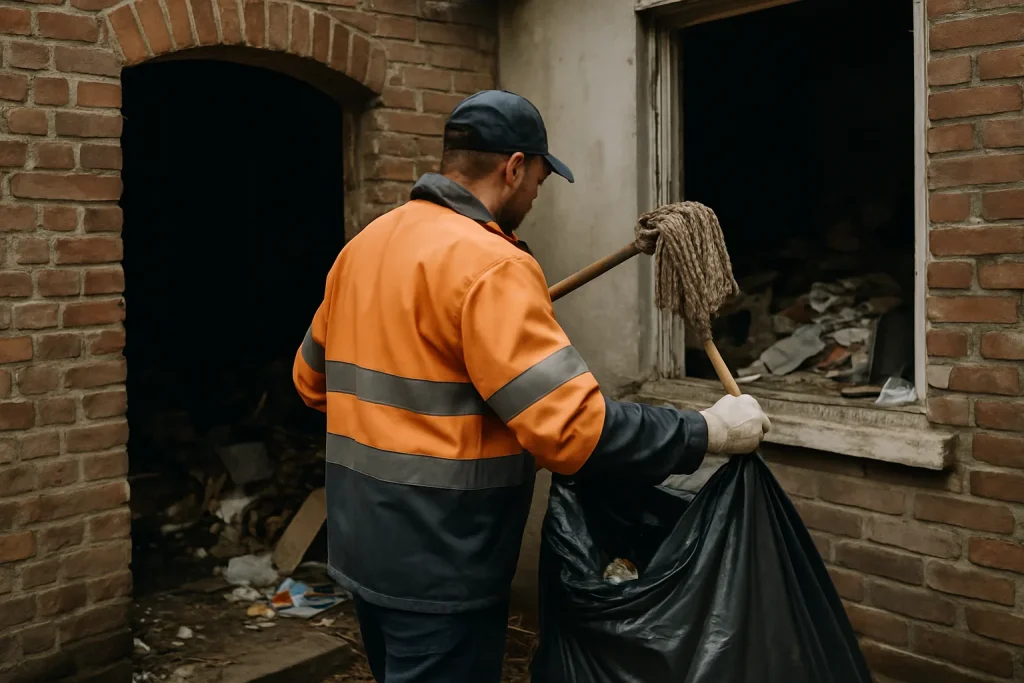Pièce encombrée de déchets avant intervention de nettoyage à Péronne.