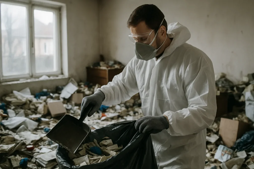 Professionnel nettoyant un appartement encombré à Sallaumines.