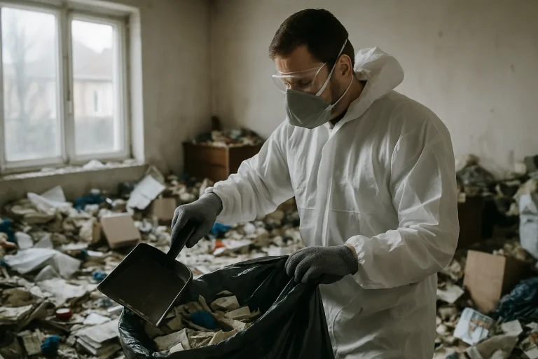 Professionnel nettoyant un appartement encombré à Sallaumines.