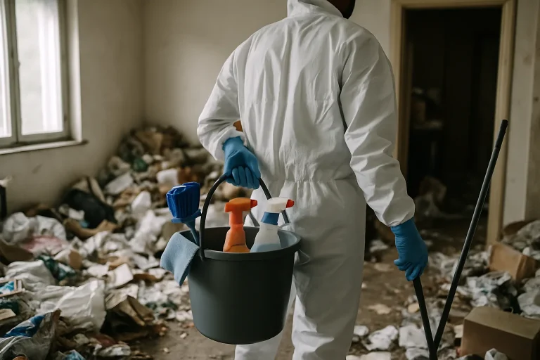 Un expert en nettoyage travaille dans un appartement encombré à Marly, illustrant le syndrome de Diogène.