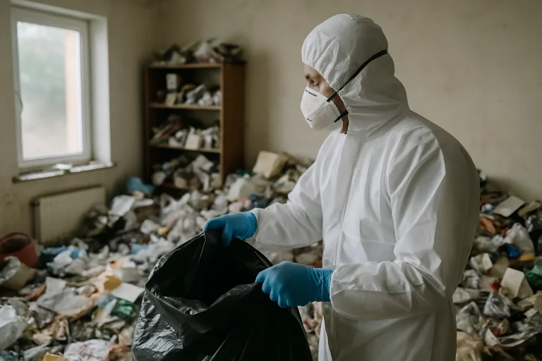 Des experts nettoient un appartement désordonné à Arques, illustrant le syndrome de Diogène.