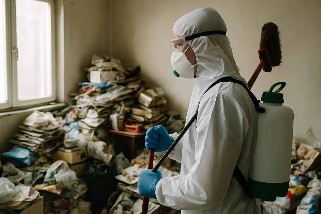 Un professionnel effectuant un nettoyage dans un appartement en désordre à Wattrelos.