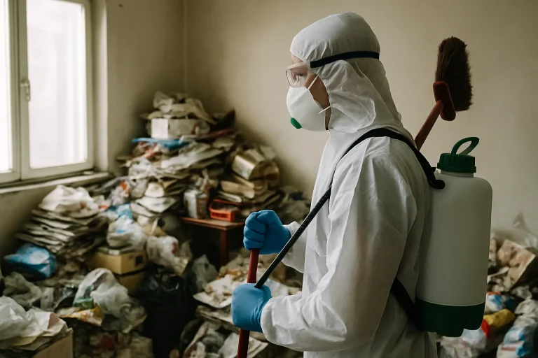 Un professionnel effectuant un nettoyage dans un appartement en désordre à Wattrelos.