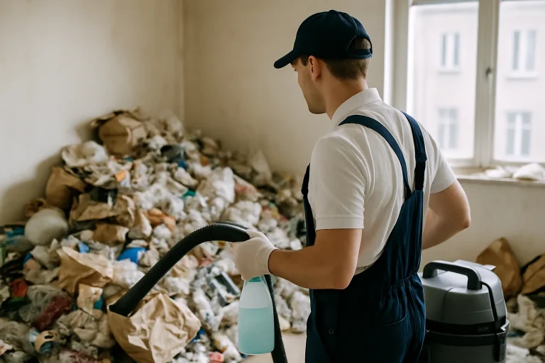 Pièce encombrée de déchets et objets divers, symbolisant le syndrome de Diogène.