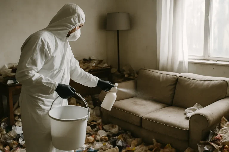 Appartement en désordre avec des déchets éparpillés sur le sol, avant nettoyage.