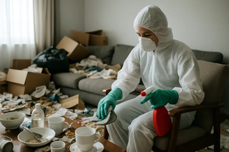 Vue d'un appartement à Wasquehal avec accumulation de déchets, illustrant le syndrome de Diogène.
