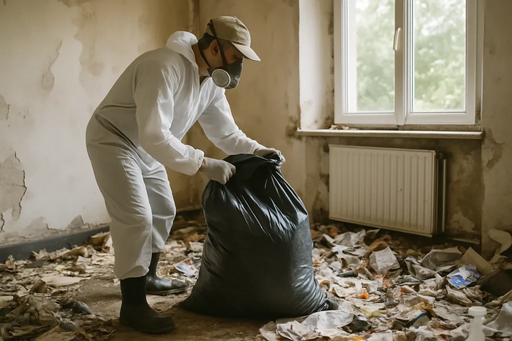 Intérieur d'appartement à Beuvry avec désordre et accumulation d'objets.