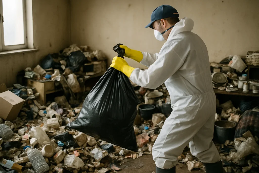 Espace intérieur en désordre avec déchets, illustrant le syndrome de Diogène.