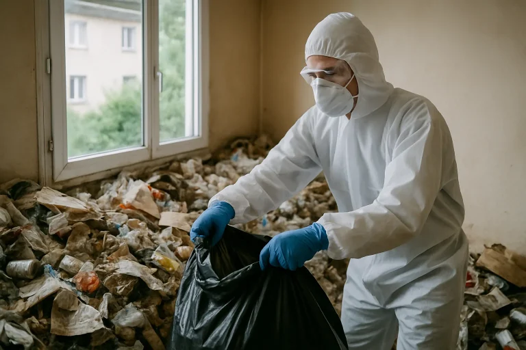 Équipe de nettoyage en action dans un appartement en désordre à Margny-Lès-Compiègne.