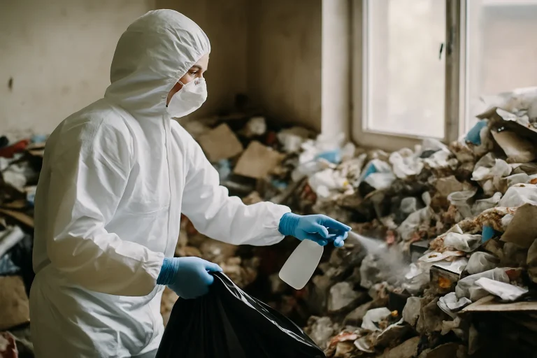 État désordonné d'un appartement à Leers avec des déchets éparpillés.