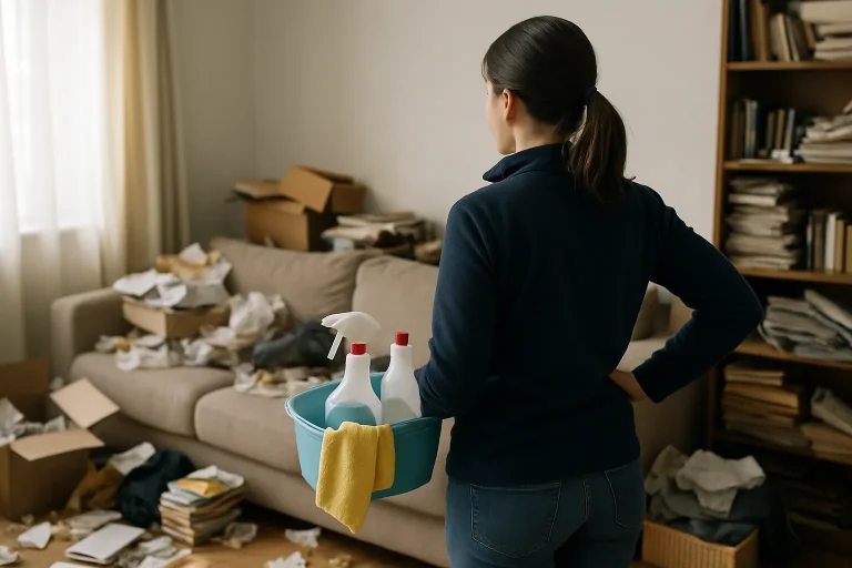 Intérieur d'un appartement à Ardres montrant un fort encombrement avant intervention de nettoyage.