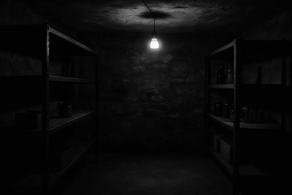 Cave sombre avec étagères métalliques, éclairage d'ampoule suspendue.
